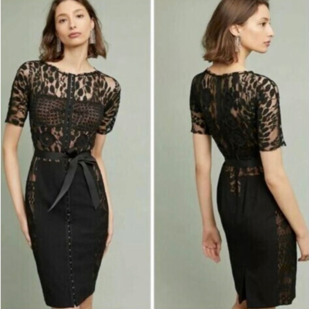 Anthropologie Byron Lars Carissima Sheath Dress Black Lace Belted Dress size 2